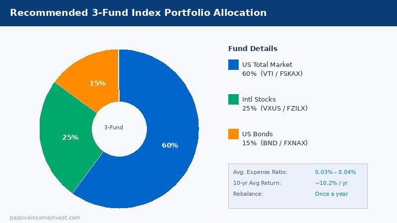Three-fund index portfolio allocation showing US stocks, international, and bonds