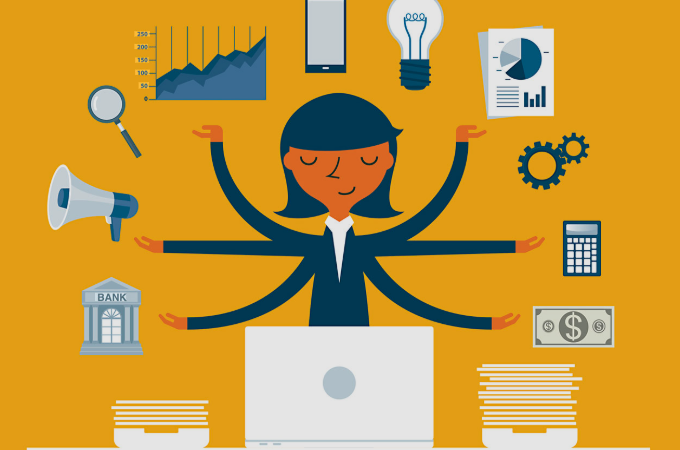 Businesswoman managing brokerage accounts investing portfolio